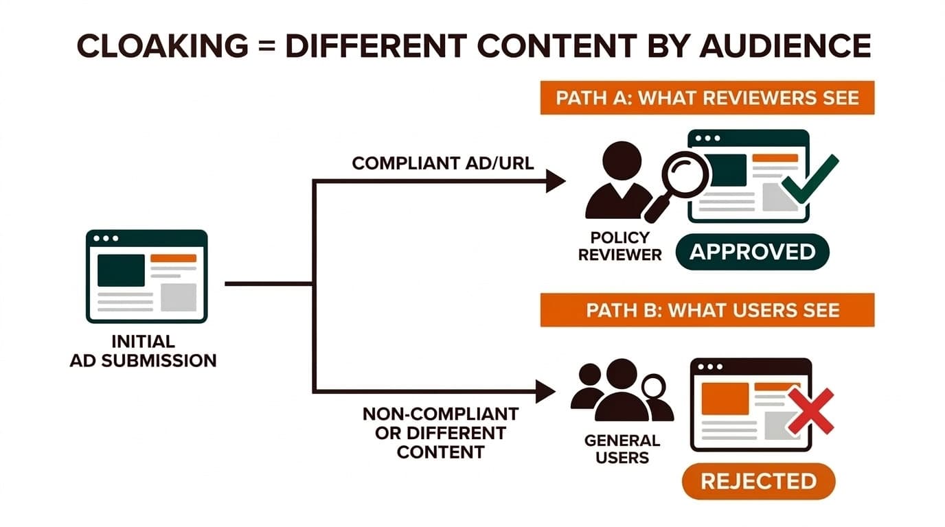 Two-path diagram: what reviewers see vs what users see when cloaking is used
