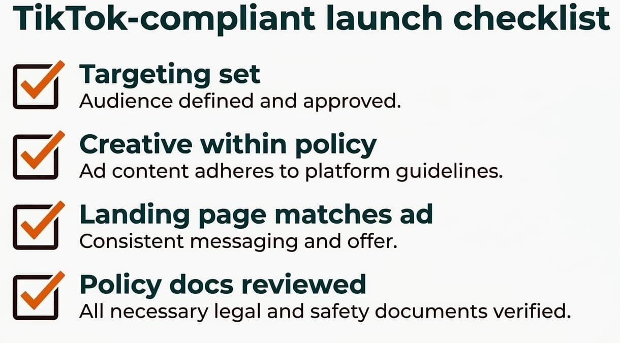 TikTok-compliant launch checklist: targeting, creative policy, landing page match, policy docs