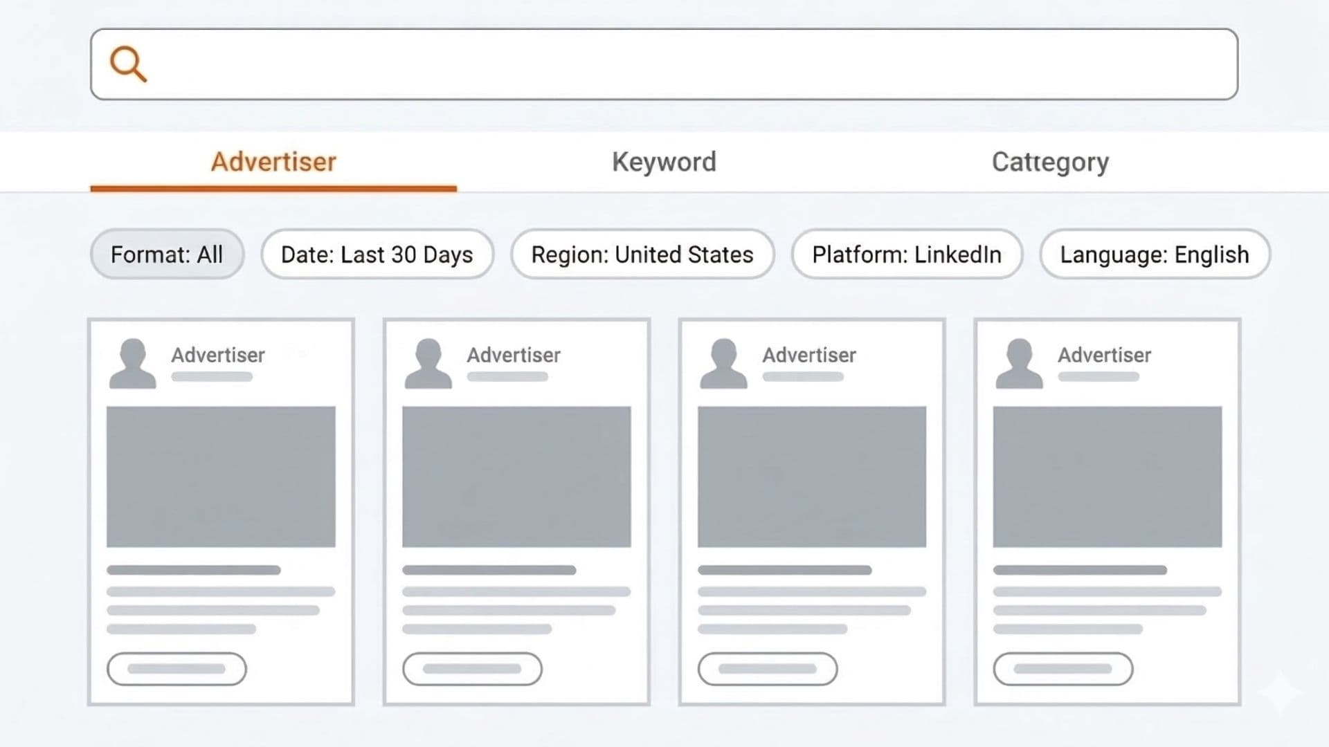 LinkedIn Ad Library interface: search, tabs, filters, and ad cards grid