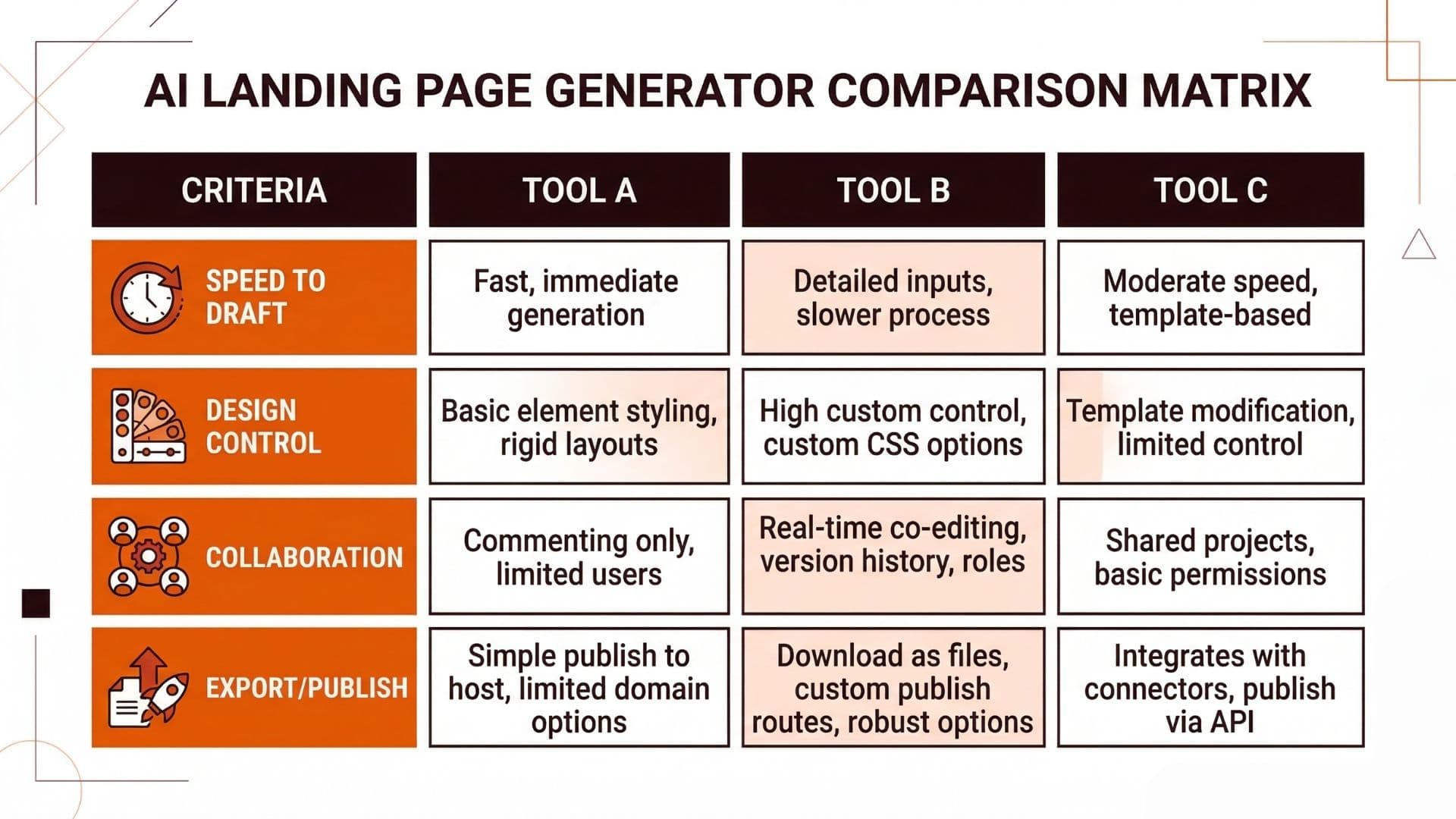 AI landing page generator comparison matrix showing speed, design control, collaboration, and export