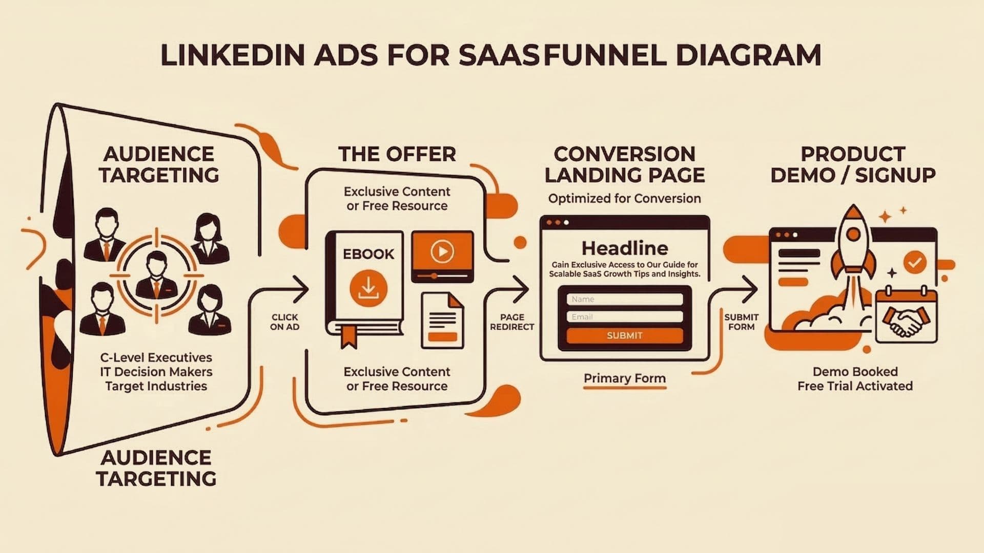 SaaS funnel map diagram showing audience, problem offer, evaluation content, demo/trial CTA, and sales handoff