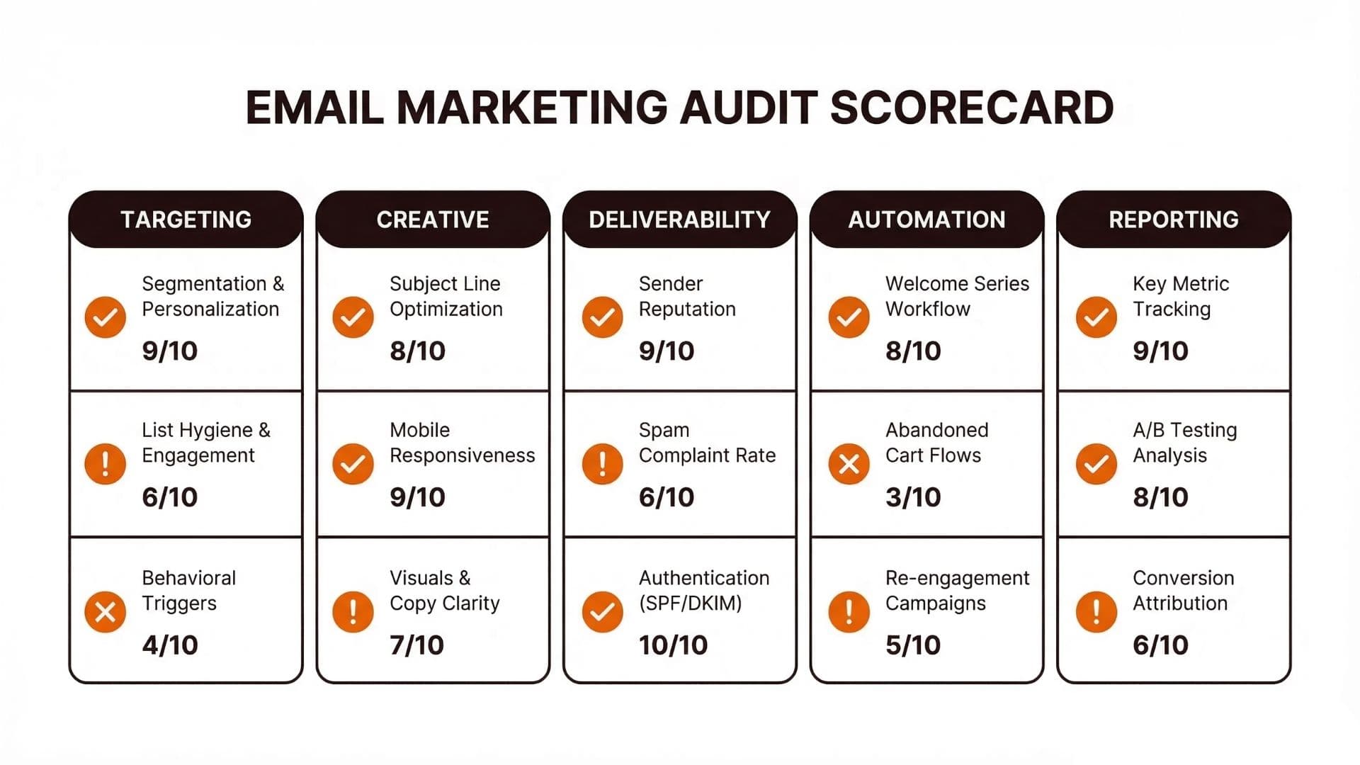 Email marketing audit scorecard showing targeting, creative, deliverability, automation, and reporting