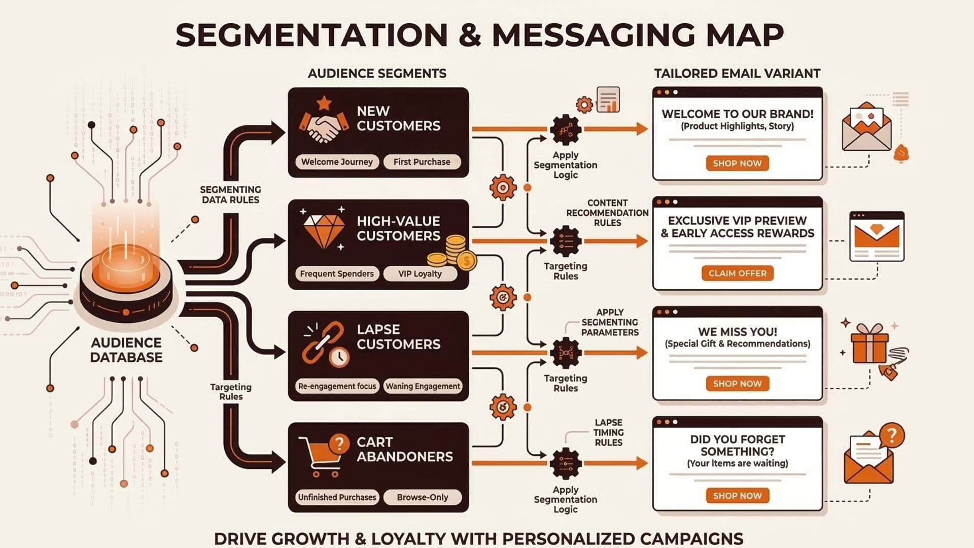 Segmentation-to-message map showing how audience segments feed tailored email variants