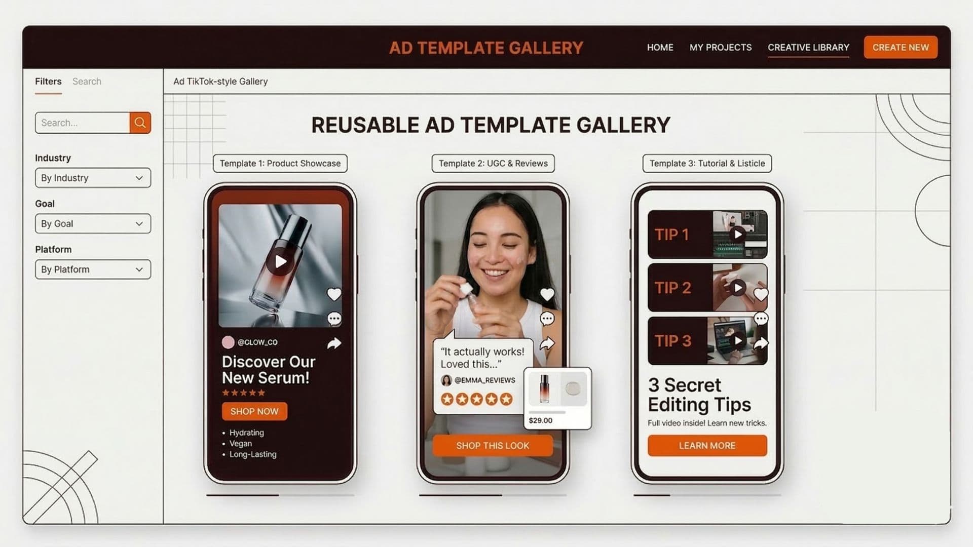 TikTok ad template gallery showing reusable ad structures