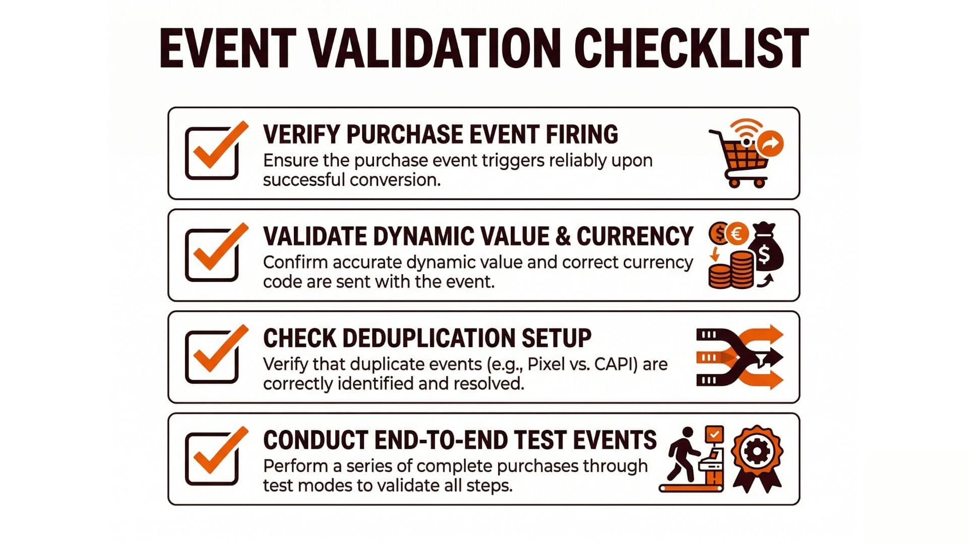 Purchase validation checklist for Pixel and CAPI: event firing, payload consistency, delivery, deduping, and a real order sanity check