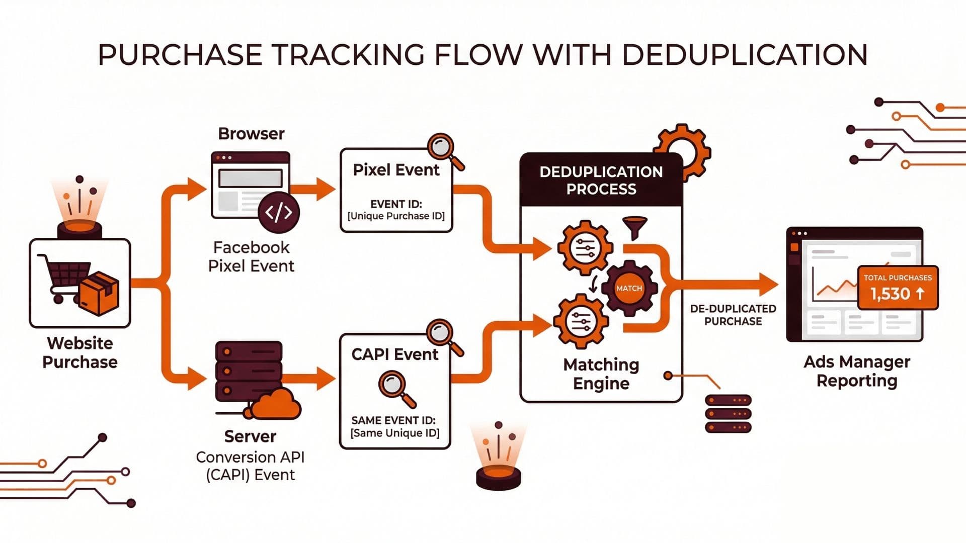 Purchase-tracking flow diagram showing browser Pixel event, server-side CAPI event, deduplication, and Events Manager