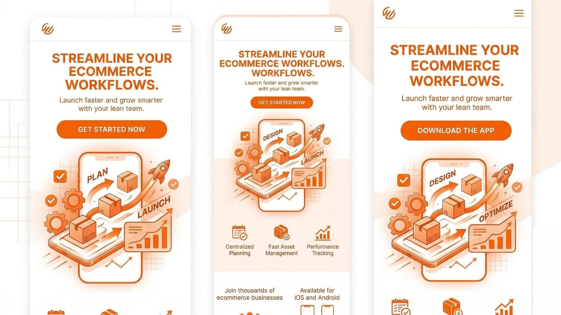 Mobile app landing page mock with hero and primary 'Get the app' call to action
