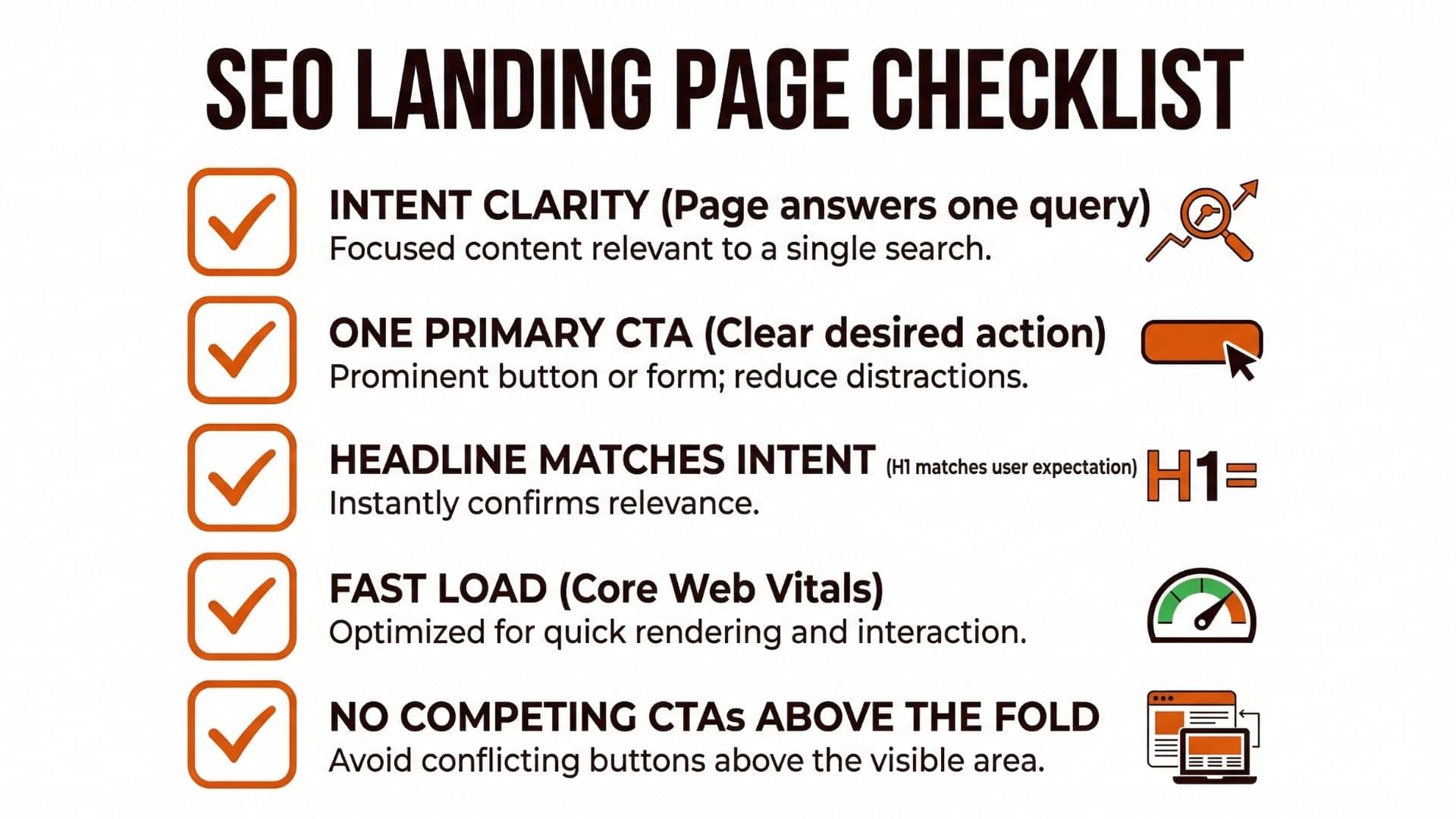 SEO landing page checklist for intent clarity, primary CTA, headline match, fast load, and no competing CTAs