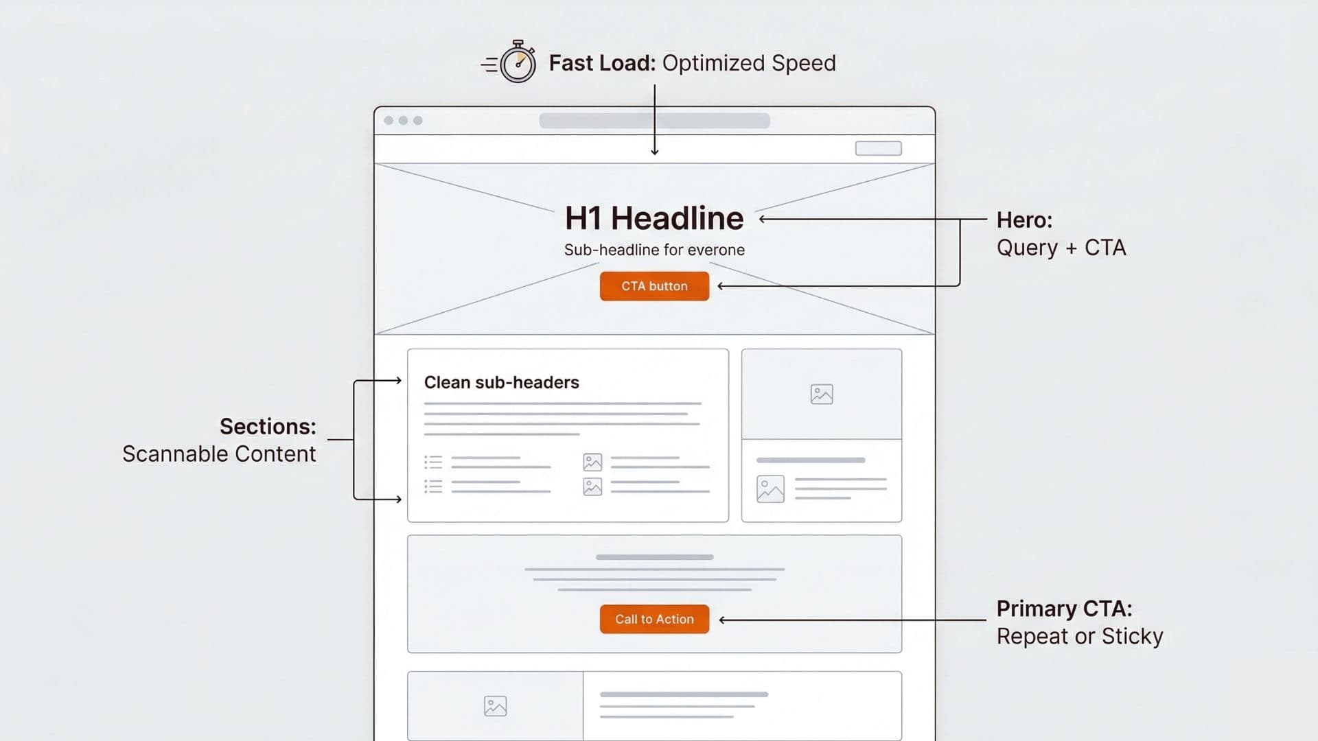 SEO landing page structure diagram: where hero, sections, primary CTA, and fast load elements live