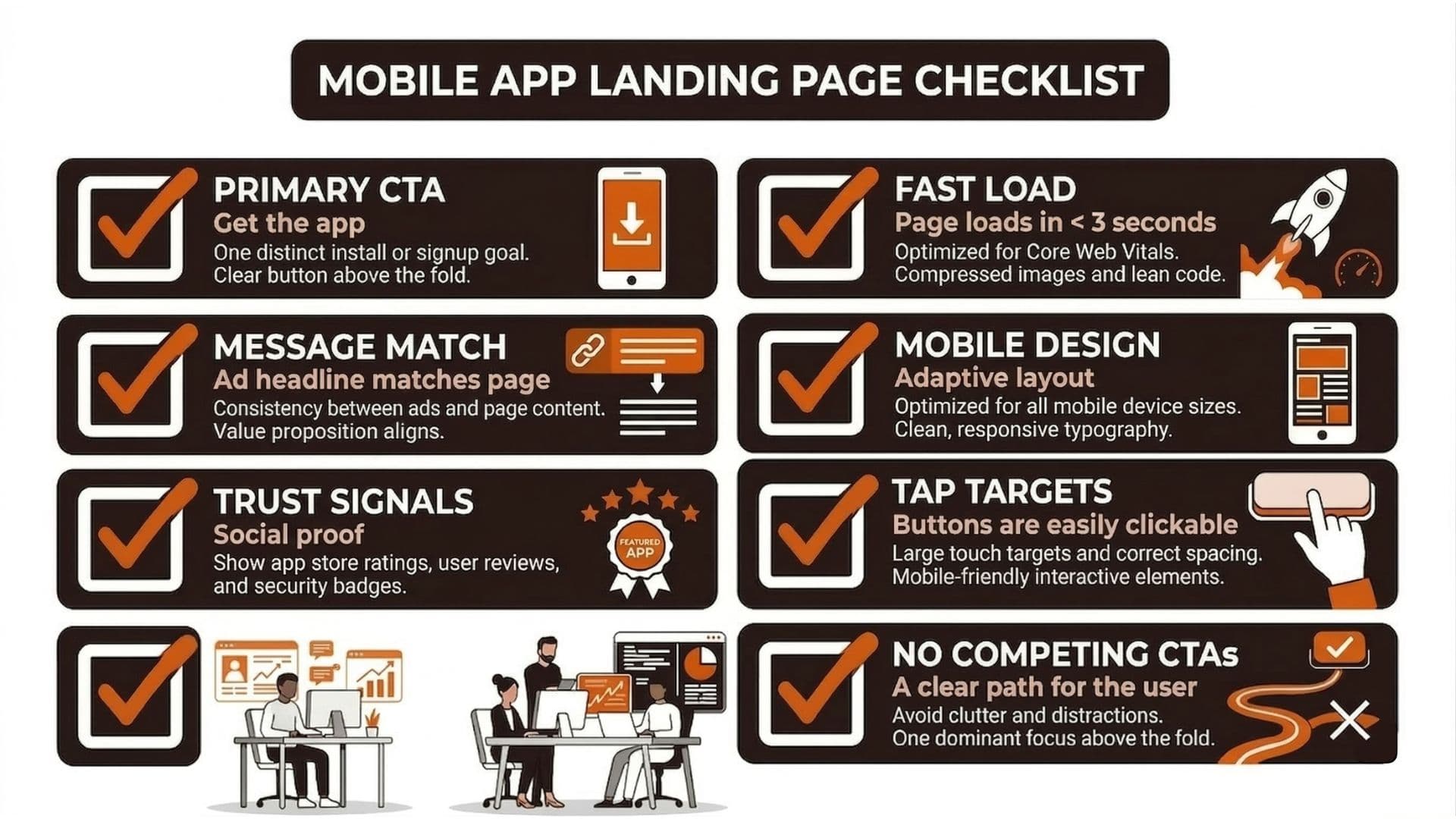 Checklist for building a mobile app landing page: primary CTA, message match, fast load, tap targets