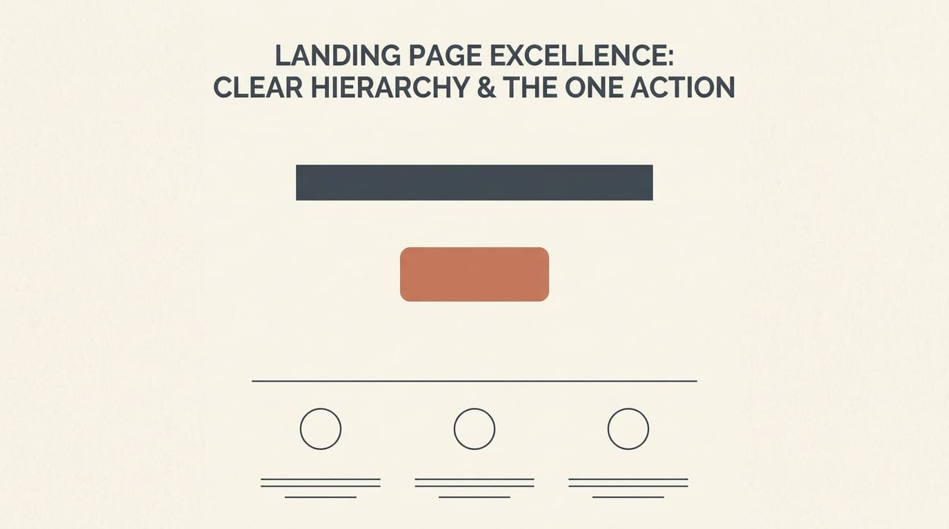Landing page wireframe labeling ad headline echo, hero CTA, proof, benefits, and secondary CTA