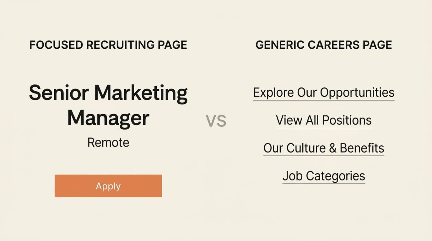 Good versus bad recruiting landing page comparison with focused role page on one side and generic careers page on the other