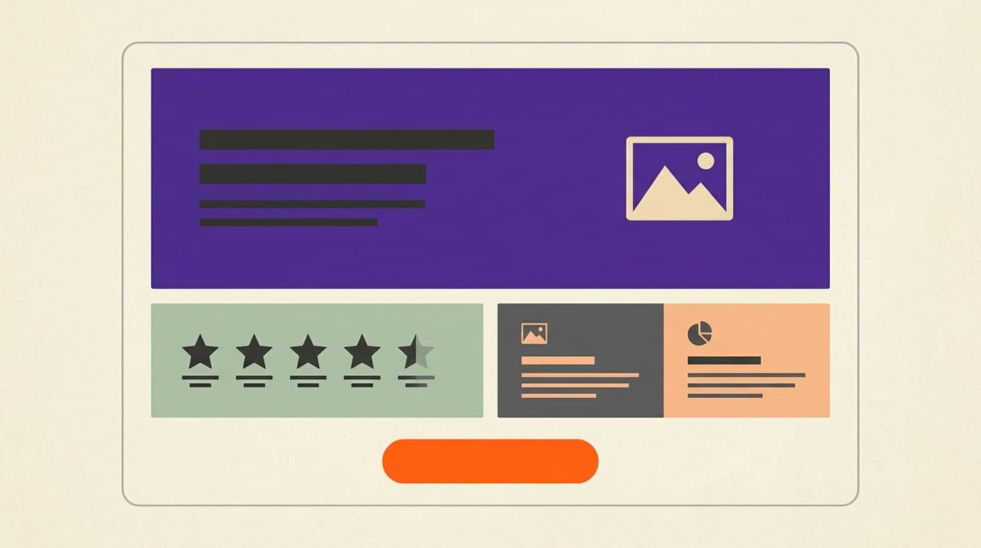 Annotated colorful landing page mock labeling hero, section contrast, trust block, and primary CTA
