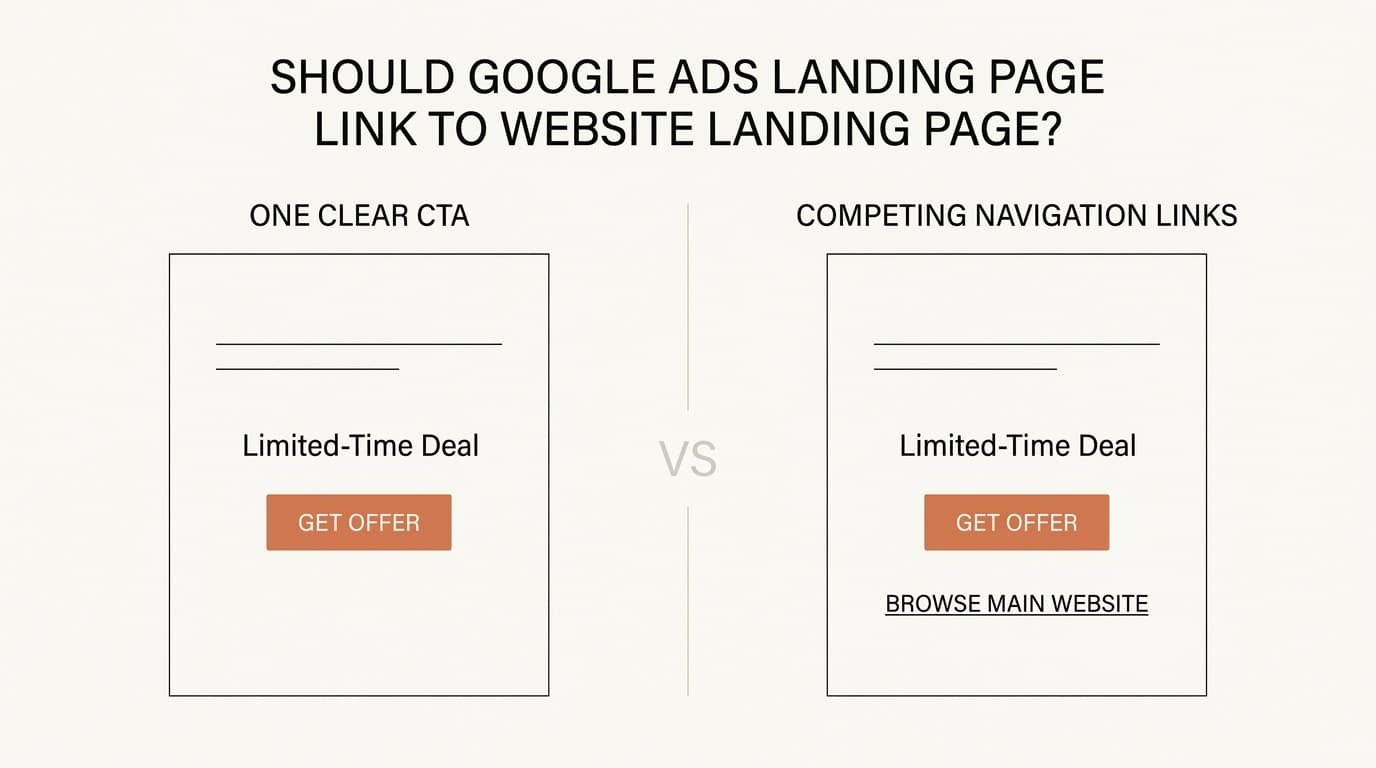 Two-panel landing page comparison showing one focused CTA on one page and a competing website link on the other