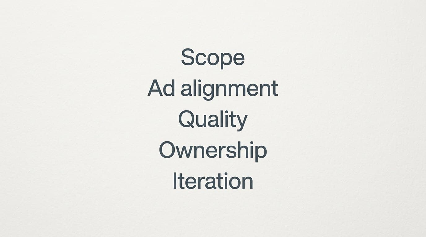 Landing page agency evaluation checklist showing scope, ad alignment, output quality, ownership, and iteration