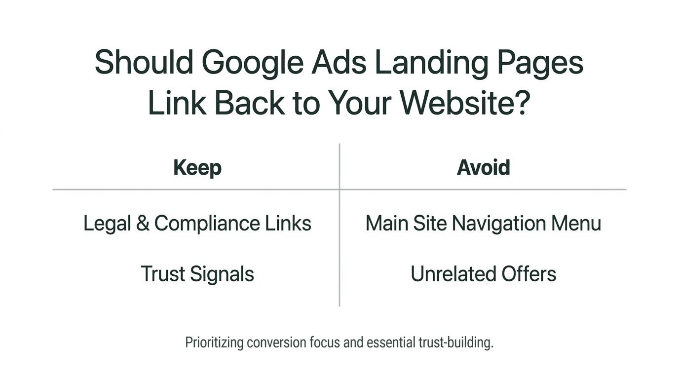 Decision chart showing when to link to site for trust or support versus when to avoid linking to preserve CTA focus