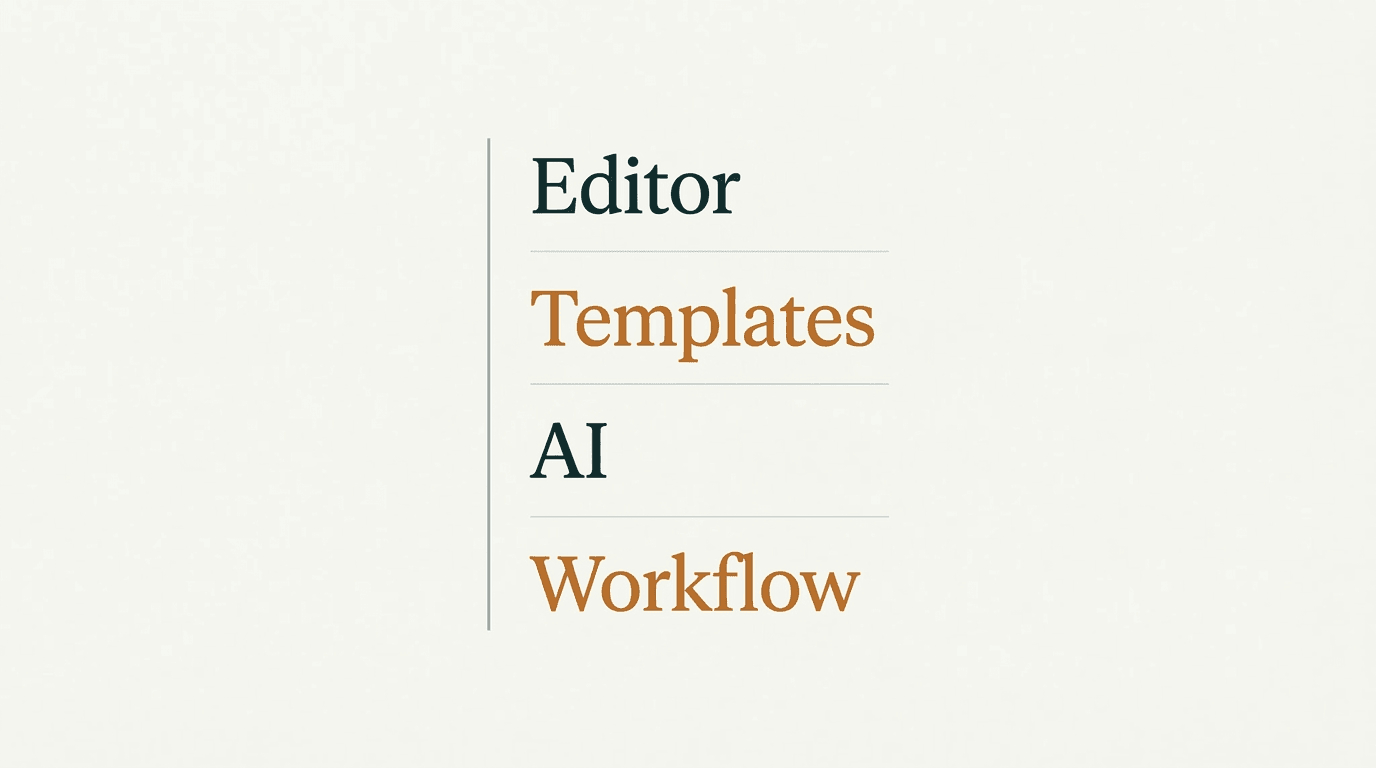 Evaluation matrix showing editor, template, AI, and workflow categories with job and what-to-check columns