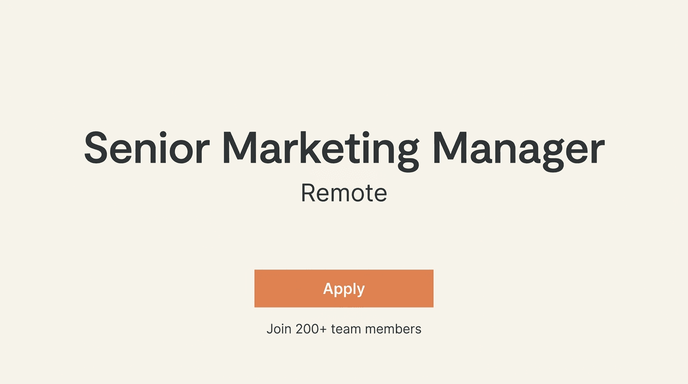 Recruiting landing page mock showing specific role title, location, apply button, and proof line
