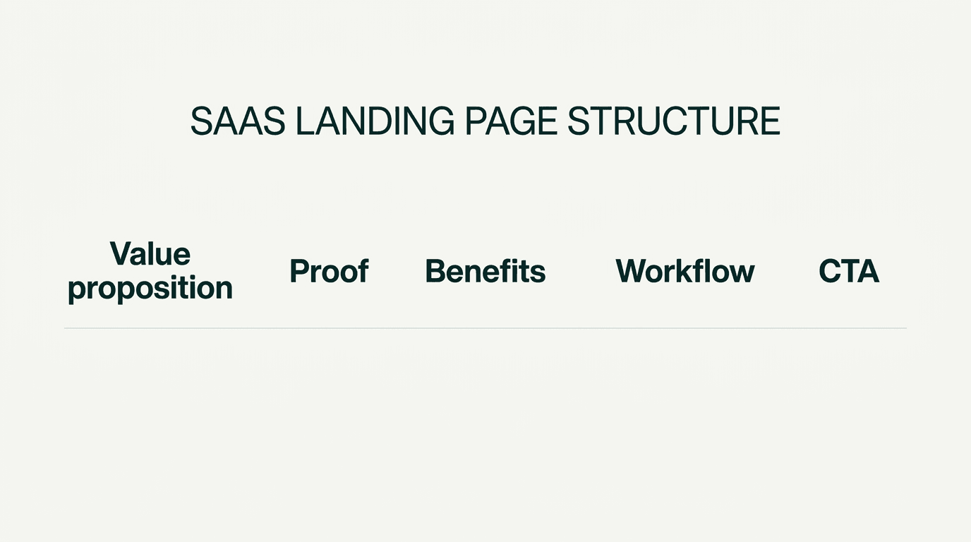 Annotated SaaS landing page structure showing hero, proof, benefits, optional how-it-works, and CTA