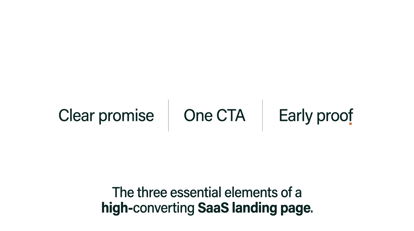 SaaS landing page mock with headline, one CTA, proof line, and product preview
