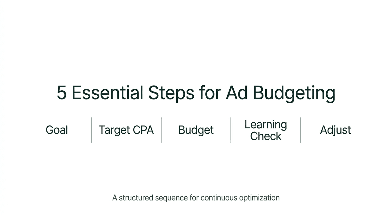 Budget planning steps showing goal, target metric, backward budget, learning check, and adjust