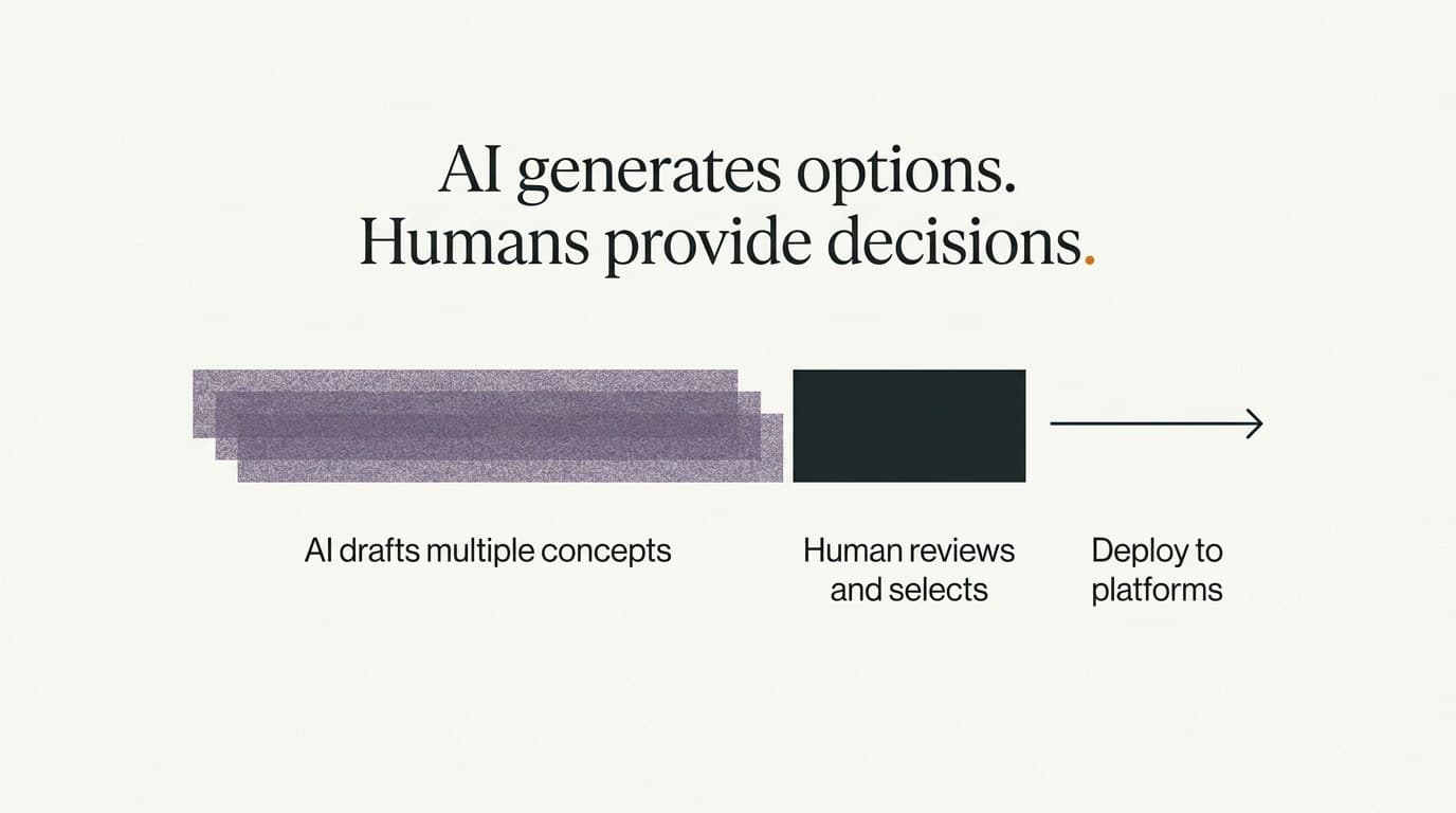 Workflow diagram showing AI copy and image tools feeding into a human approval gate before ad platforms
