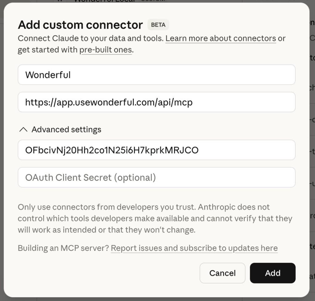 Claude custom connector setup modal configured for Wonderful MCP